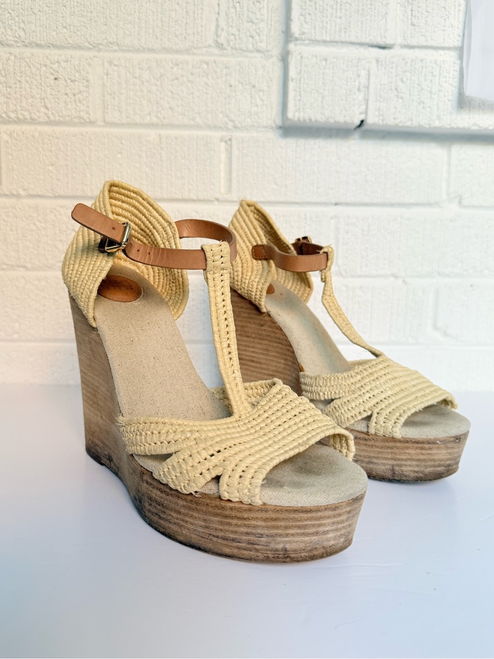 Tory Burch Cream Woven T‑Strap Wedge Sandals with Tan Ankle Straps